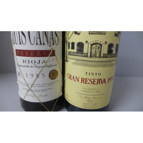 823 - A bottle of Luis Canas Rioja Reserva 1985 and a bottle of Vina Albali Tinto Gran Reserva 1993