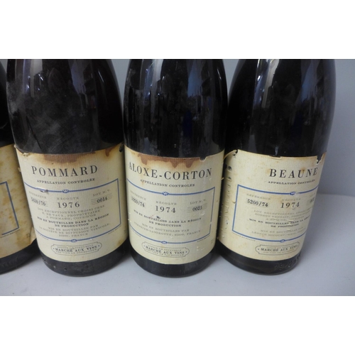 827 - Five bottles of French vintage red wine; includes Beaune 1974, Aloxe-Corton 1974 and Gevrey-Chambert... 