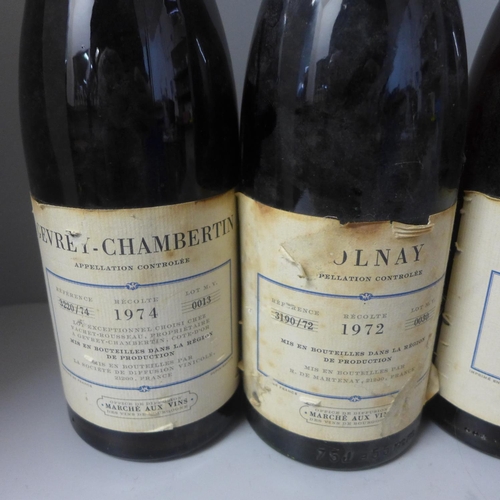 827 - Five bottles of French vintage red wine; includes Beaune 1974, Aloxe-Corton 1974 and Gevrey-Chambert... 