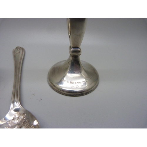 867 - A P&O silver posy holder with weighted base, silver napkin ring and a plated The P.O.S.H. Club berry... 