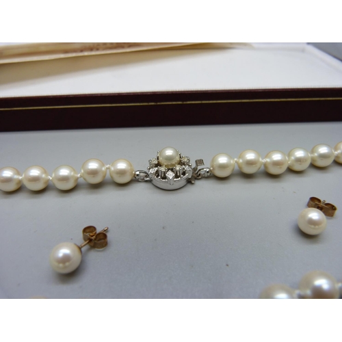 874 - A Shima faux pearl necklace and a pair of 9ct gold faux pearl earrings