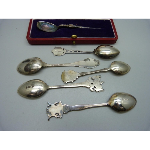 884 - Five silver collector's spoons and a 1937 silver Coronation spoon, 92g