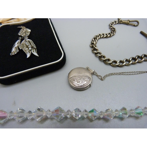 893 - A silver Albert, silver locket and chain, costume brooch and crystal necklet