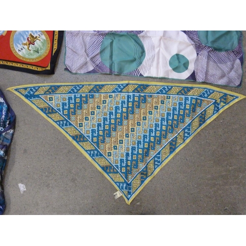 920 - Three silk scarves and a polyester Mary Quant triangular scarf