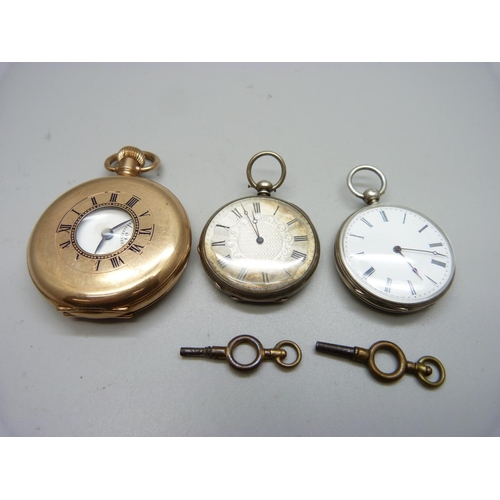 943 - Three pocket watches, one gold plated half-hunter, the movement marked Lanco, and two silver fob wat... 