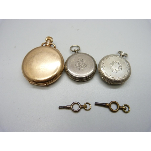 943 - Three pocket watches, one gold plated half-hunter, the movement marked Lanco, and two silver fob wat... 