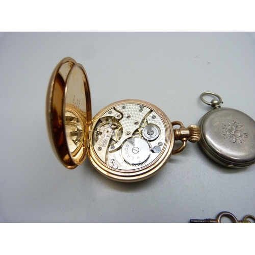 943 - Three pocket watches, one gold plated half-hunter, the movement marked Lanco, and two silver fob wat... 