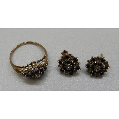 962 - A 9ct gold, diamond and sapphire ring, a/f,  stones missing and a pair of similar earrings, 4.2g tot... 