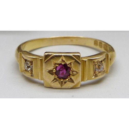 967 - A late Victorian 18ct gold, ruby and diamond ring, Birmingham 1896, 4g, Q, with antique ring box