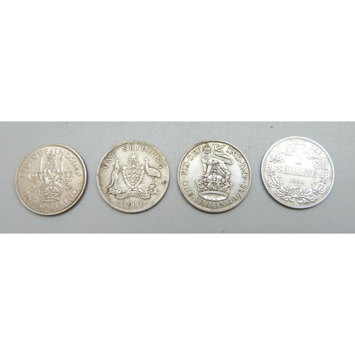 988 - Four silver one shilling coins, 1896 South Africa, 1911, 1928 and 1937