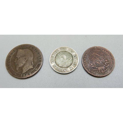 990 - Three coins, 1862 5 Centimes, 1863 5 Centimes and 1870 2 Centimes