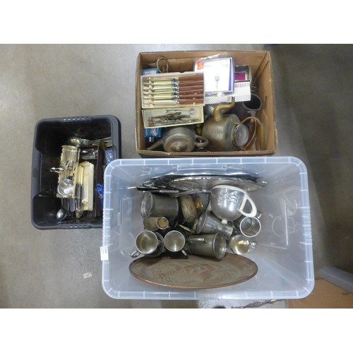 1154 - Two boxes of metalwares and cutlery; brass, copper, power and silver plate**PLEASE NOTE THIS LOT IS ... 