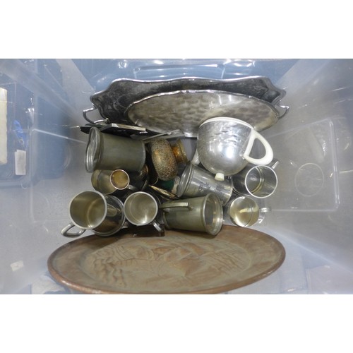 1154 - Two boxes of metalwares and cutlery; brass, copper, power and silver plate**PLEASE NOTE THIS LOT IS ... 