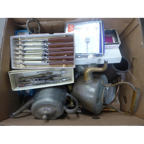 1154 - Two boxes of metalwares and cutlery; brass, copper, power and silver plate**PLEASE NOTE THIS LOT IS ... 