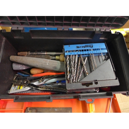 2037 - Two vinyl toolboxes with approx. 30 tools: drill bits, pliers, chisels, etc.