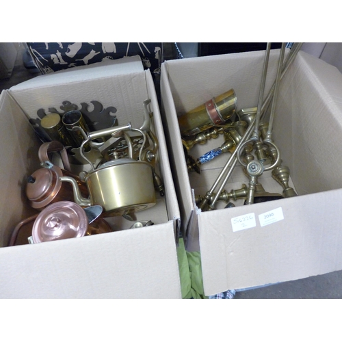 2090 - Mixed lot of brass and copper items: companion set, money boxes/comb box, jugs, coffee pot, teapots,... 