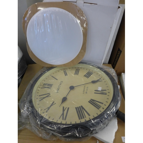 2099 - Unused Brooke Pace Lascelles 50cm Smith railway station clock, plus LED flush ceiling light, both bo... 