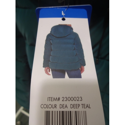 3342 - Women's DKNY teal, hooded coat, size large * this lot is subject to VAT