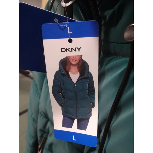 3343 - Women's DKNY teal, hooded coat, size large * this lot is subject to VAT