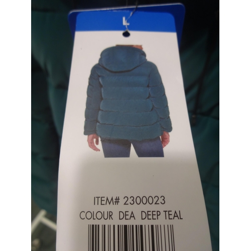 3344 - Women's DKNY teal, hooded coat, size large * this lot is subject to VAT