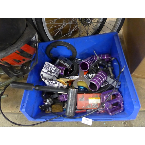 2132 - A Mongoose BMX frame, Purple Haze BMX frame and loose parts, Stunt Pegs, Pedals and three helmets et... 