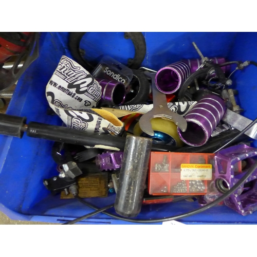 2132 - A Mongoose BMX frame, Purple Haze BMX frame and loose parts, Stunt Pegs, Pedals and three helmets et... 