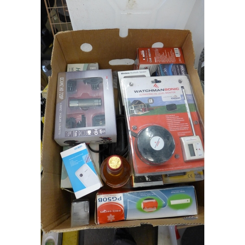 2180 - Box of assorted electronics and gadgets: bluetooth speaker, battery/fuse tester, sat finder, lift an... 