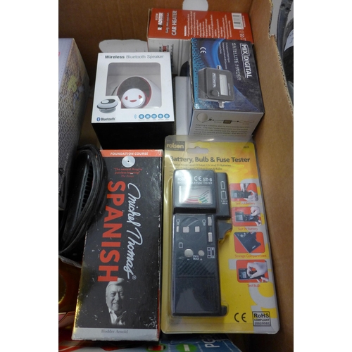 2180 - Box of assorted electronics and gadgets: bluetooth speaker, battery/fuse tester, sat finder, lift an... 