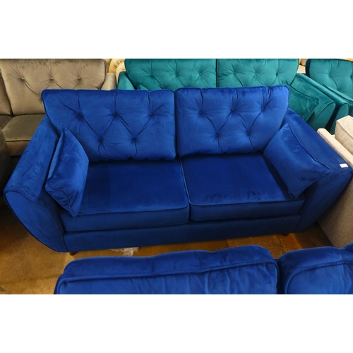 1489 - A deep ocean blue velvet three and two seater sofa