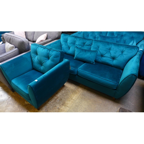 1499 - A teal velvet three seater sofa and armchair