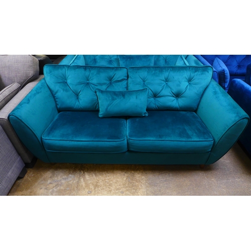 1499 - A teal velvet three seater sofa and armchair