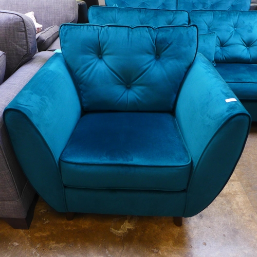 1499 - A teal velvet three seater sofa and armchair