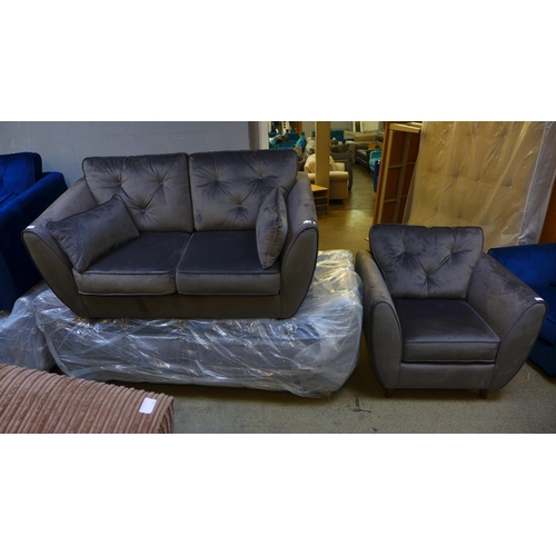 1568 - An ash grey velvet three seater, two seater and armchair