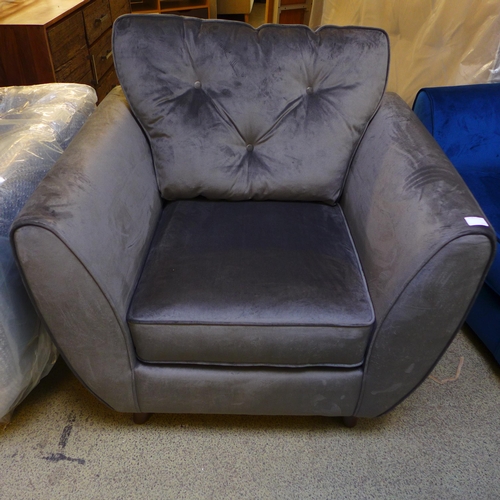 1568 - An ash grey velvet three seater, two seater and armchair