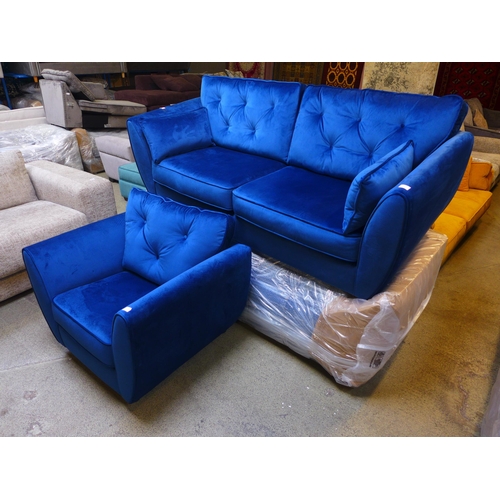 1607 - A pair of deep ocean blue velvet three seater sofa and armchair