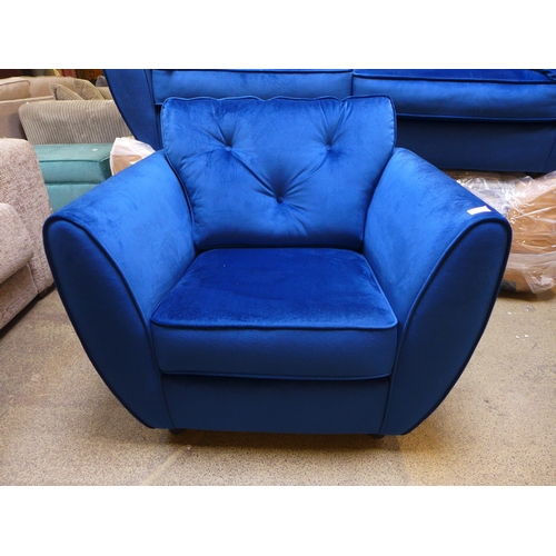 1607 - A pair of deep ocean blue velvet three seater sofa and armchair