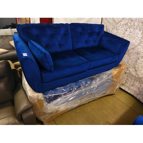 1619 - A pair of deep ocean blue velvet three seater sofa