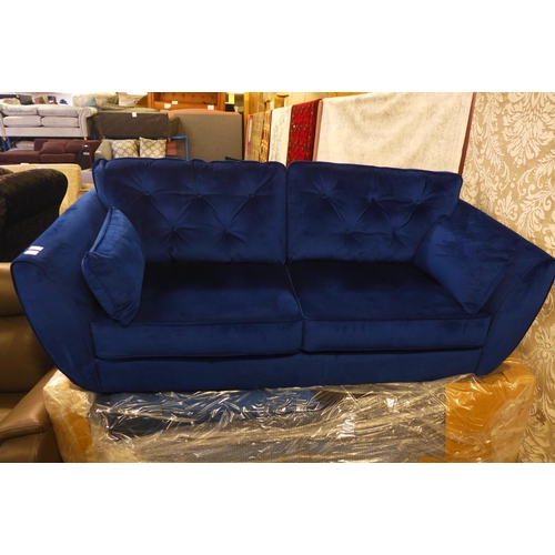 1619 - A pair of deep ocean blue velvet three seater sofa