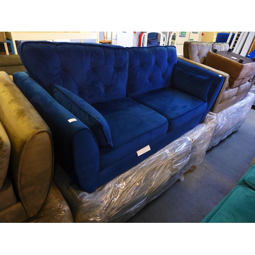 1627 - A pair of deep ocean blue velvet three seater sofa