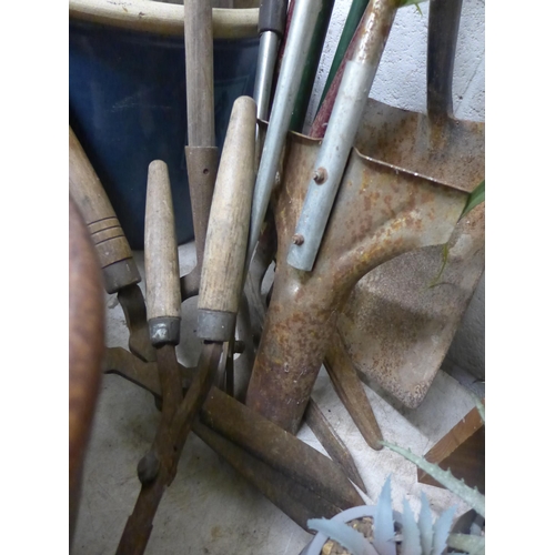 2435 - Bundle of approx. 12 garden tools: rakes, clippers, etc.