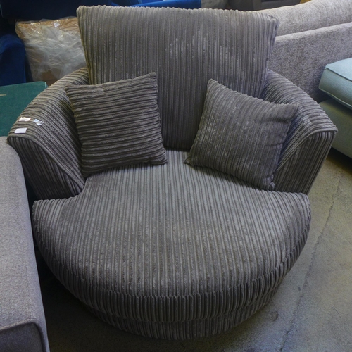 1571 - A grey jumbo corduroy three seater sofa and swivel love seat