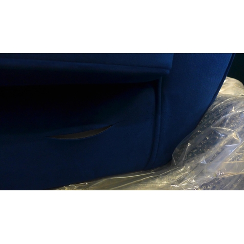 1616 - A deep ocean blue velvet three seater sofa - tear on front of sofa