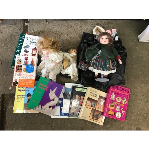 2149 - Box and bag of porcelain head dolls, some vintage and approx 10 antique/collectable reference books