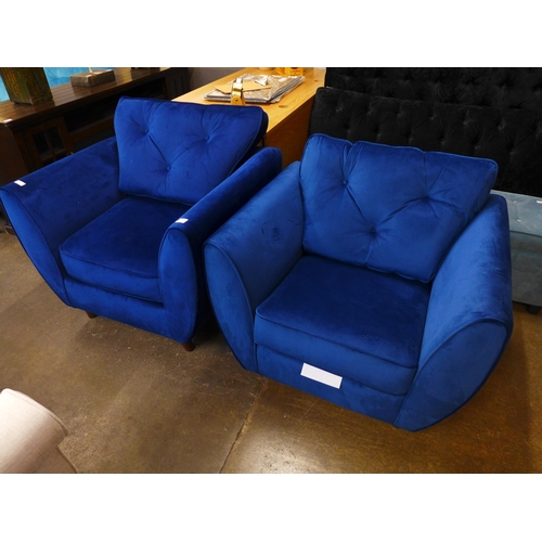 1497 - A pair of deep ocean blue velvet armchairs - travel feet on right armchair