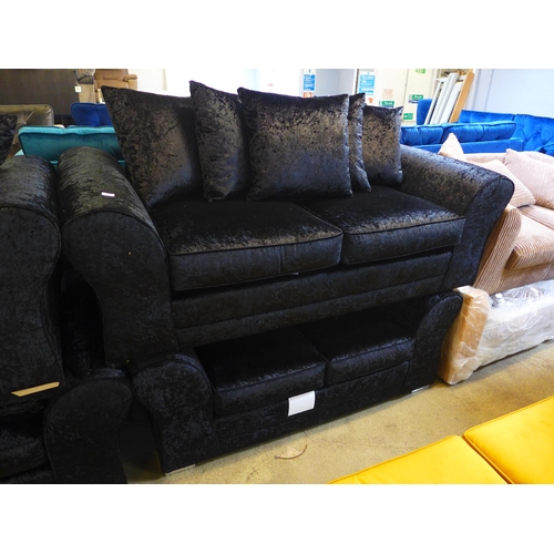 1628 - A black velvet two and three seater sofa