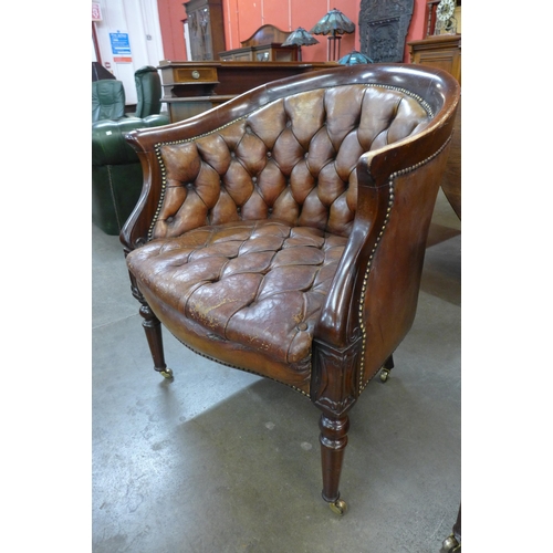 115 - A Regency style mahogany and brown buttoned leather settee and tub chair