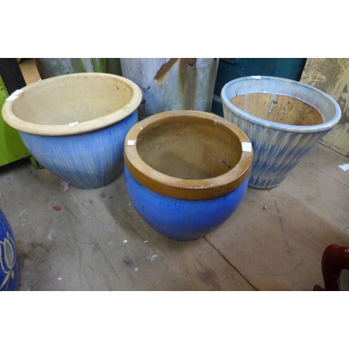 279 - Three blue glazed terracotta garden planters