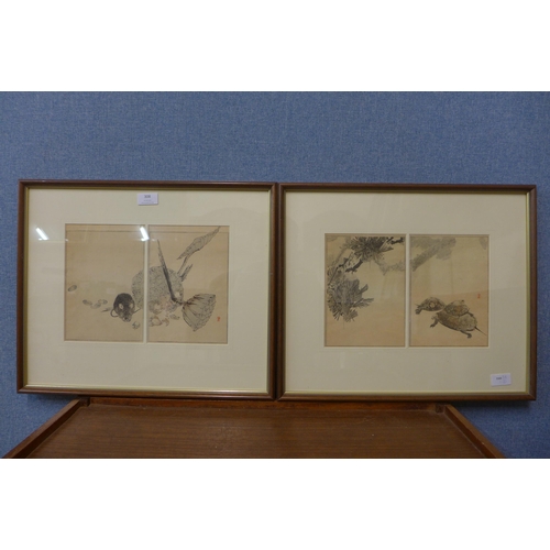 308 - Two Japanese woodblock prints by Wantanabe Seitei (1851-1918), framed, retailed by Liberty & Co., Lo... 