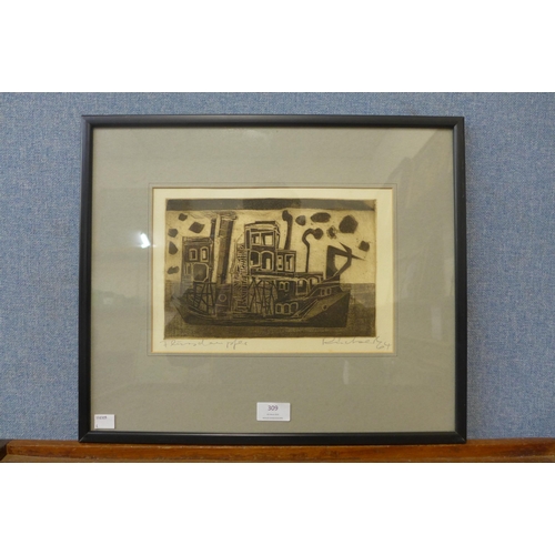 309 - An etching of a ship, indistinctly signed and dated 1964, framed