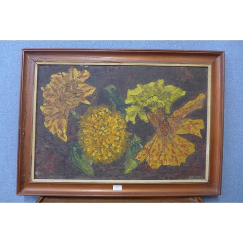 312 - * Brookes, still life of chrysanthemums, acrylic on canvas, framed